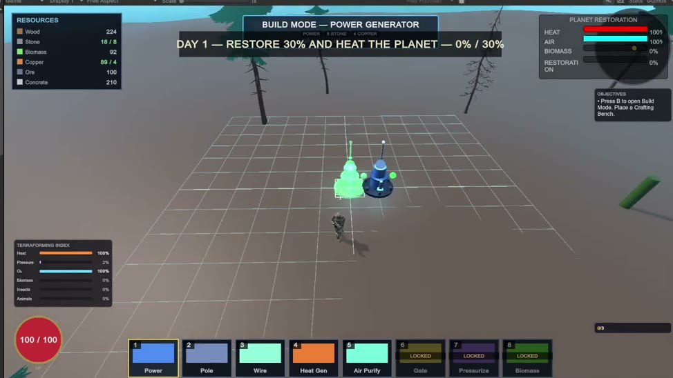 Build mode — placing the first Power Generator on Day 1.