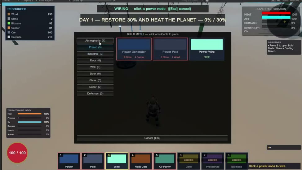 Build menu open — Atmospheric, Power, Industrial categories with Power Generator / Pole / Wire choices.