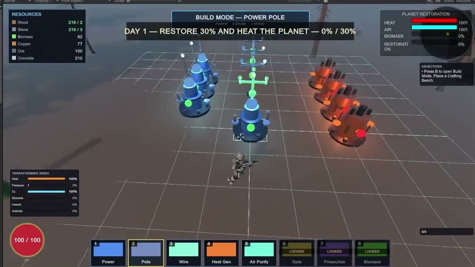 Power Pole placement preview — green/blue valid ghosts and orange invalid ghosts on a planning grid.